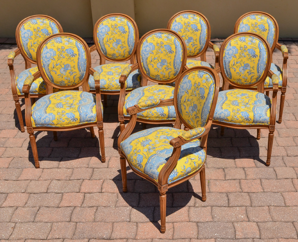 Appraisal: SET OF LOUIS XVI STYLE ARM CHAIRS Shaped medallion back