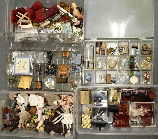 Appraisal: - Five boxes of miniature furniture accessories dolls etc -