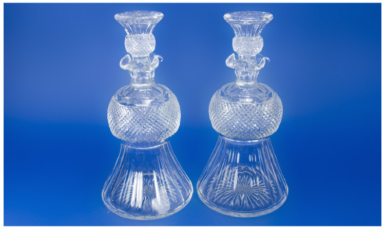 Appraisal: Pair of Cut Glass Thistle Decanters with Stoppers inches tall