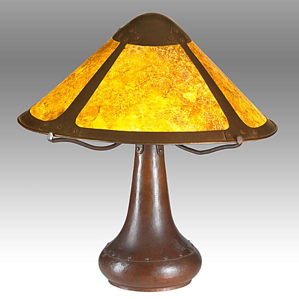 Appraisal: DIRK VAN ERPHammered copper and mica trumpet base table lampClosed