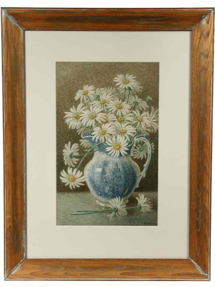 Appraisal: WATERCOLOR - Still Life of Daisies in Delft Pitcher by