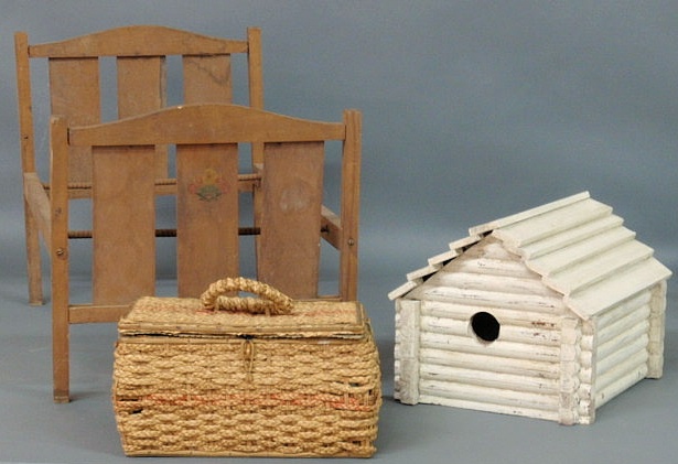 Appraisal: Log cabin form birdhouse sewing basket doll s bed