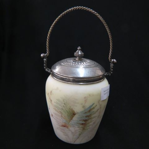 Appraisal: Wavecrest Art Glass Cracker Jar fern fauna plus swing handle