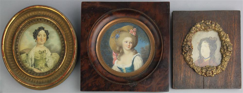 Appraisal: THREE PORTRAIT MINIATURES OF LADIES including one circular on ivory