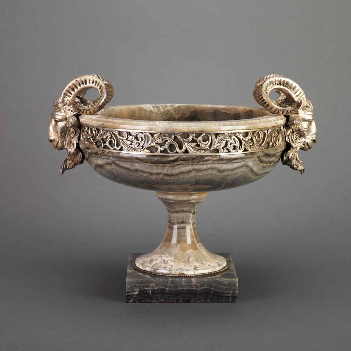 Appraisal: French Silvered Bronze Mounted Turned Agate Tazza c modelled in