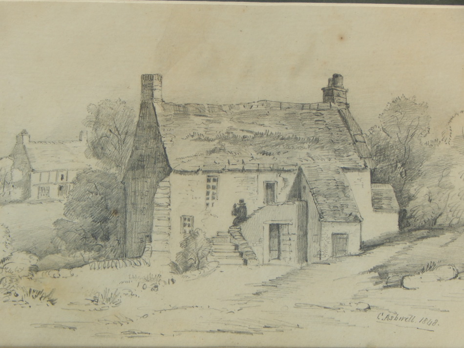 Appraisal: C Ashwell thC Cottage Bridge pencil drawings a pair signed