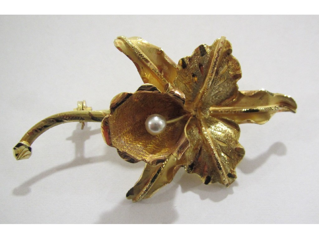 Appraisal: Yellow metal pearl set flower brooch