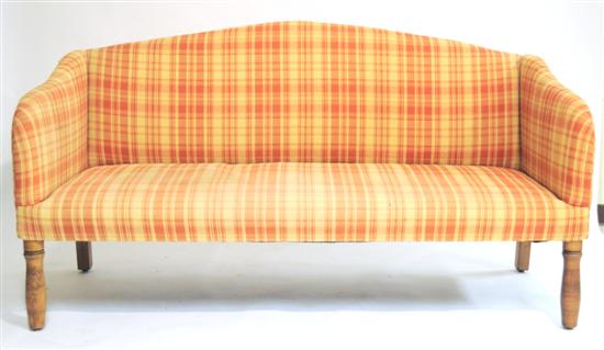 Appraisal: Sofa upholstered in salmon and cream homespun-type fabric arched crest