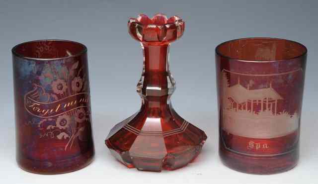 Appraisal: A BOHEMIAN RUBY GLASS SMALL BEAKER with measure and intaglio