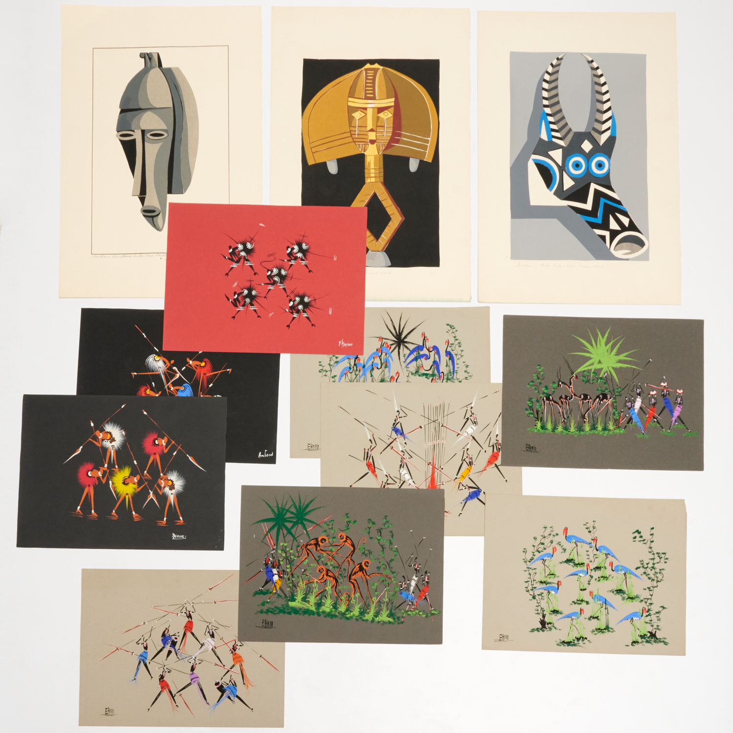 Appraisal: AFRICAN MID-CENTURY MODERN PAINTINGS SILKSCREENS c s gouache on colored