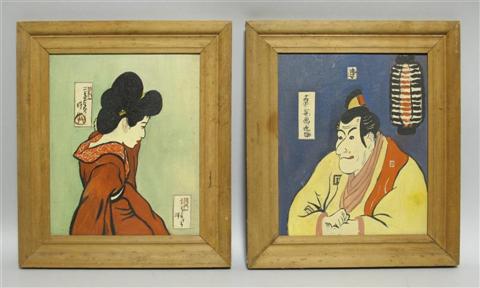 Appraisal: PAIR OF JAPANESE STYLE PAINTINGS The good paintings of oil