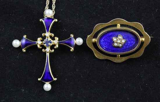 Appraisal: A blue enamel pearl and diamond set ct gold cross