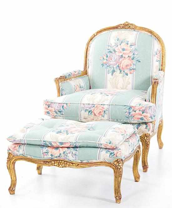 Appraisal: Louis XV style giltwood bergere and ottoman shaped and molded