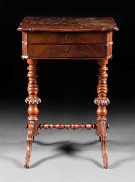 Appraisal: Victorian banded walnut sewing stand second half- th century shaped