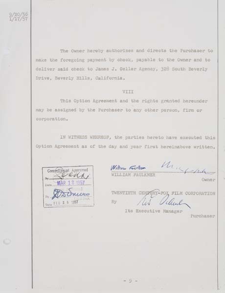 Appraisal: WILLIAM FAULKNER Contract signed by Faulkner an option agreement for