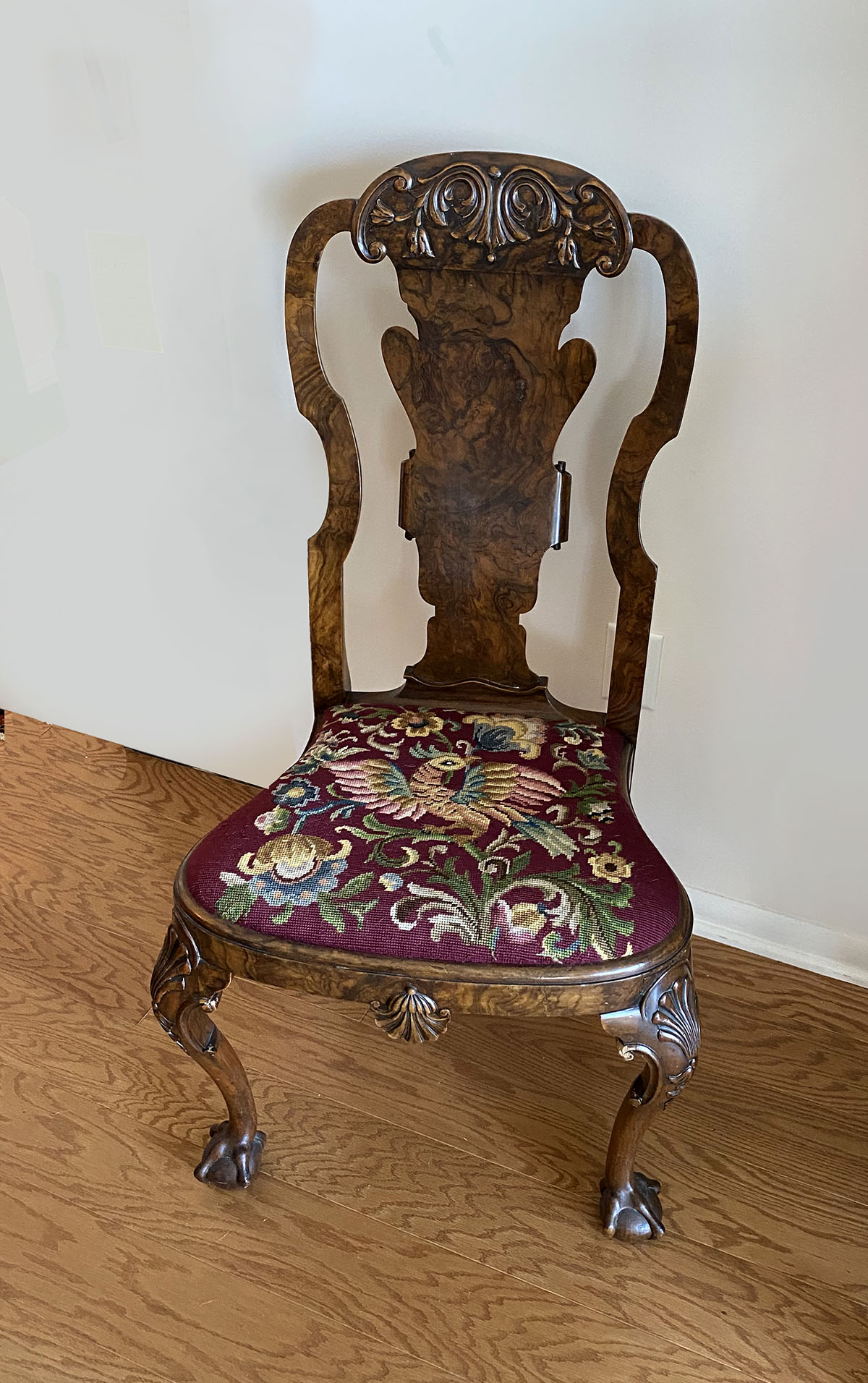 Appraisal: QUEEN ANNE BURL WALNUT CLAW FOOT CHAIR Burl Walnut Queen