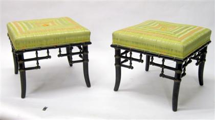 Appraisal: Pair of Regency style black painted faux bamboo stoolsSquare padded