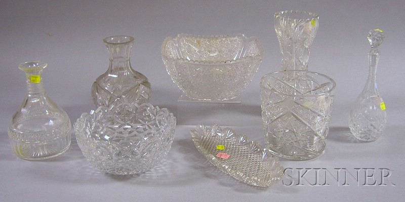 Appraisal: Eight Colorless Cut Glass Table Items two vases an ice