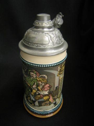 Appraisal: Mettlach German Pottery Stein Drunken Knights liter