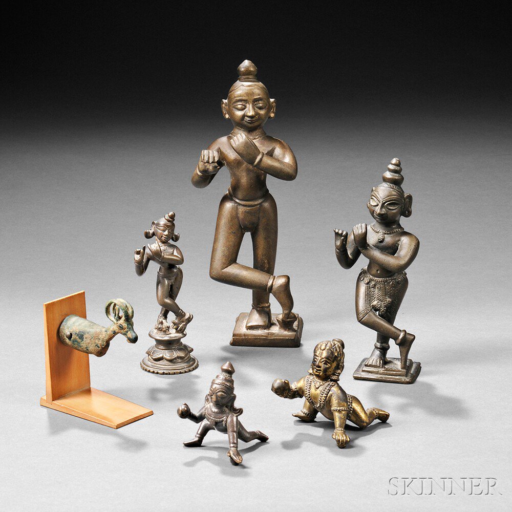 Appraisal: Six Bronze Items Asia five figures of Krishna three standing