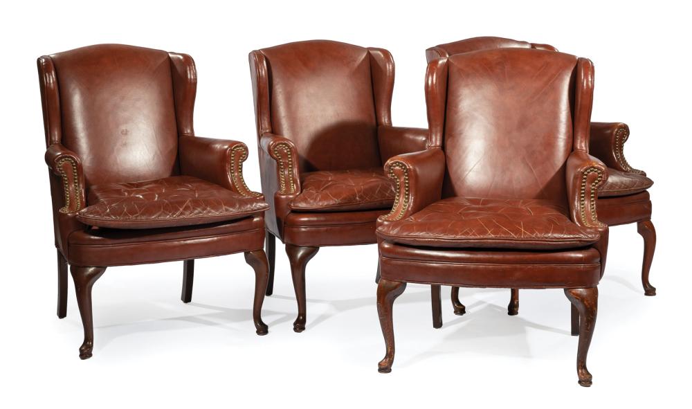 Appraisal: Four Brown Leather Wingback Chairs en suite with the previous