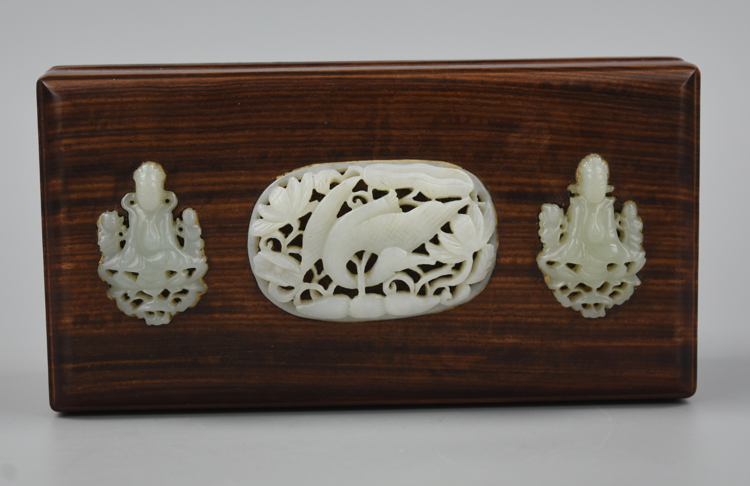 Appraisal: CHINESE ROSE WOOD BOX WITH INLAID JADE PENDANTS A wood