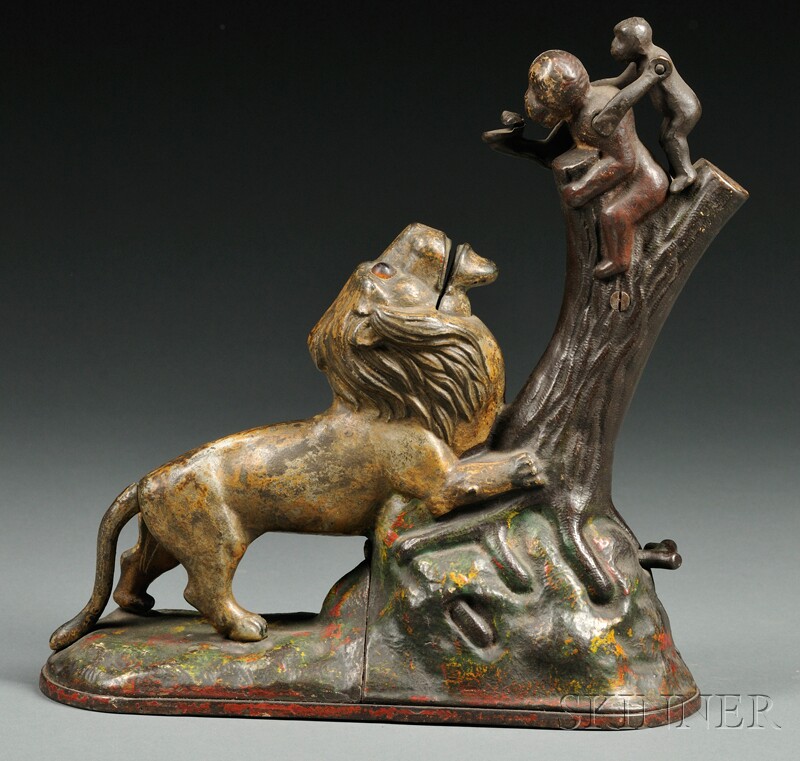 Appraisal: Polychrome Painted Cast Iron Lion and Two Monkeys Bank Kyser