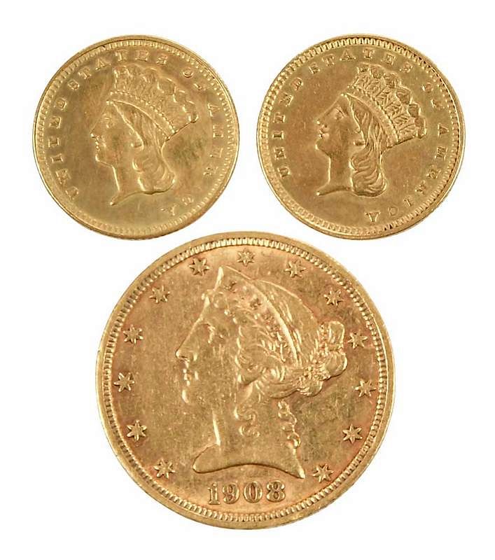 Appraisal: Three U S Gold Coins two gold dollars Type III