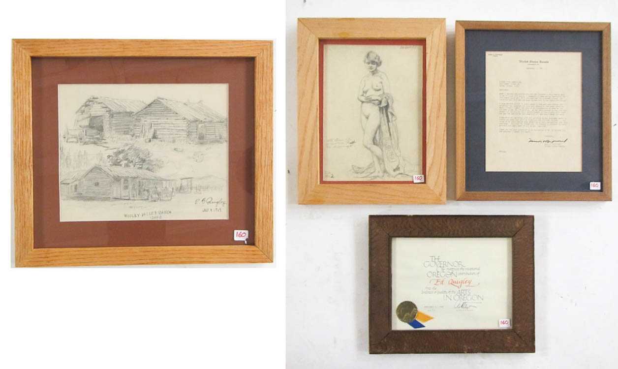 Appraisal: EDWARD B QUIGLEY Oregon - Two pencil drawings a letter