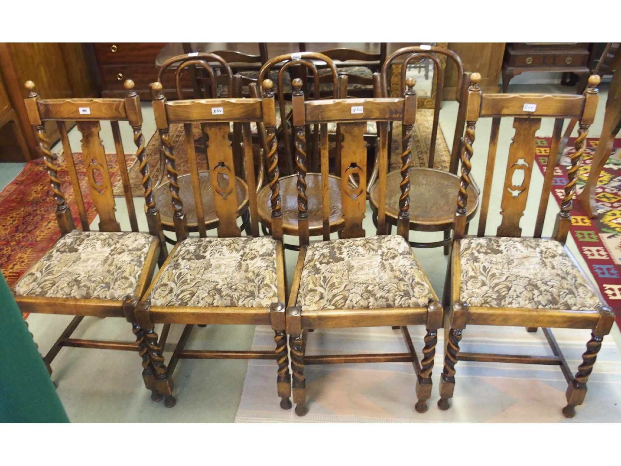 Appraisal: Three Bentwood chairs and four Barley twist oak dining chairs