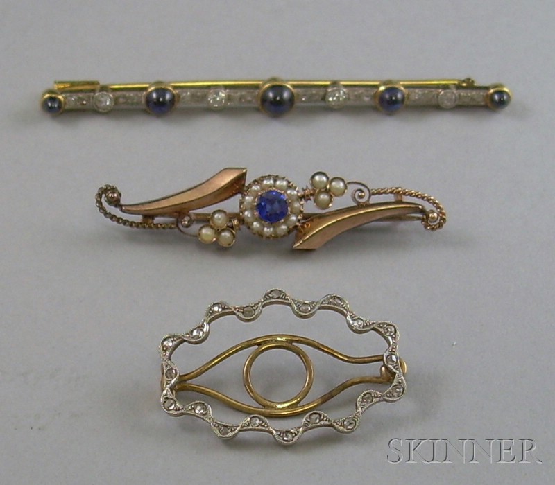 Appraisal: Three Gold Gem-set Brooches and Clips including a kt gold