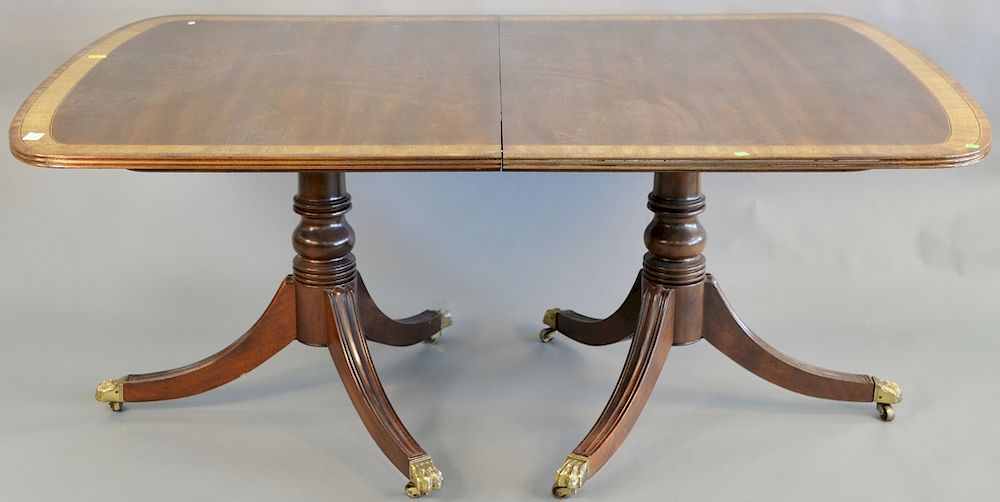 Appraisal: Custom mahogany double pedestal dining table with two inch leaves