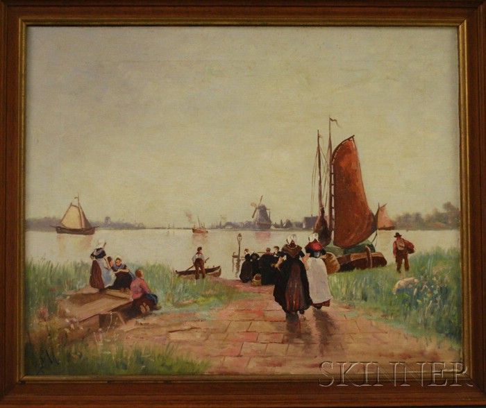 Appraisal: Dutch School th th Century Peasants by the Harbor Signed