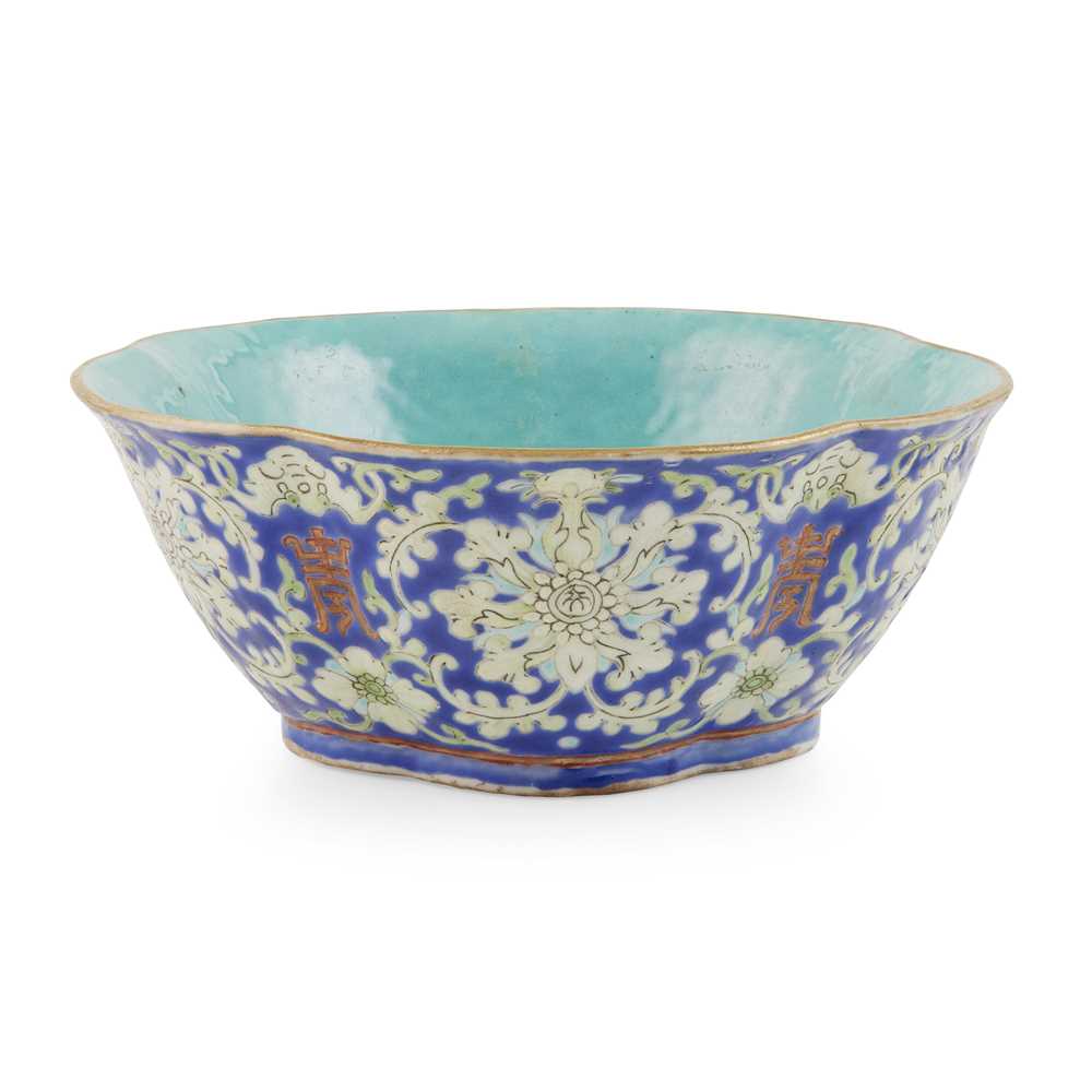 Appraisal: ENAMELLED BLUE GROUND 'SHOU' BOWL the exterior decorated with stylized