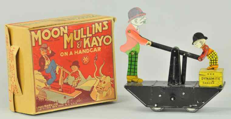 Appraisal: MOON MULLINS KAYO HANDCAR WITH BOX Louis Marx lithographed tin