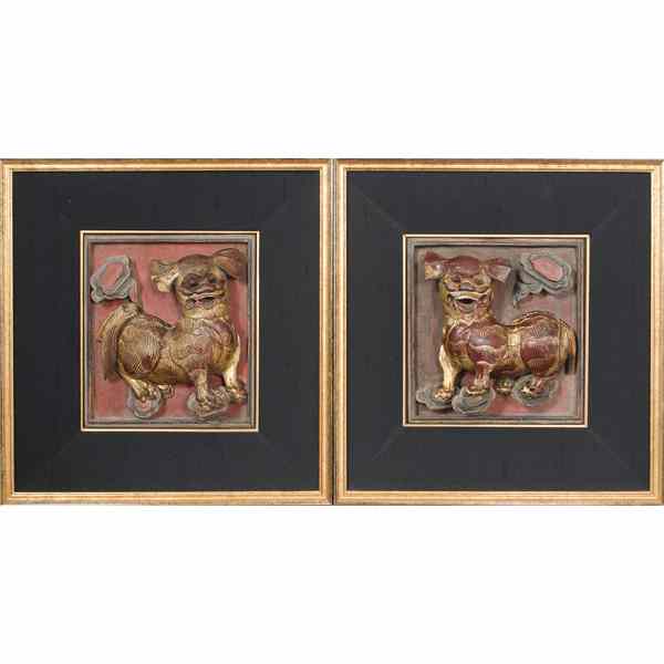 Appraisal: Chinese Foo Dog Wall Panels Chinese A pair of framed