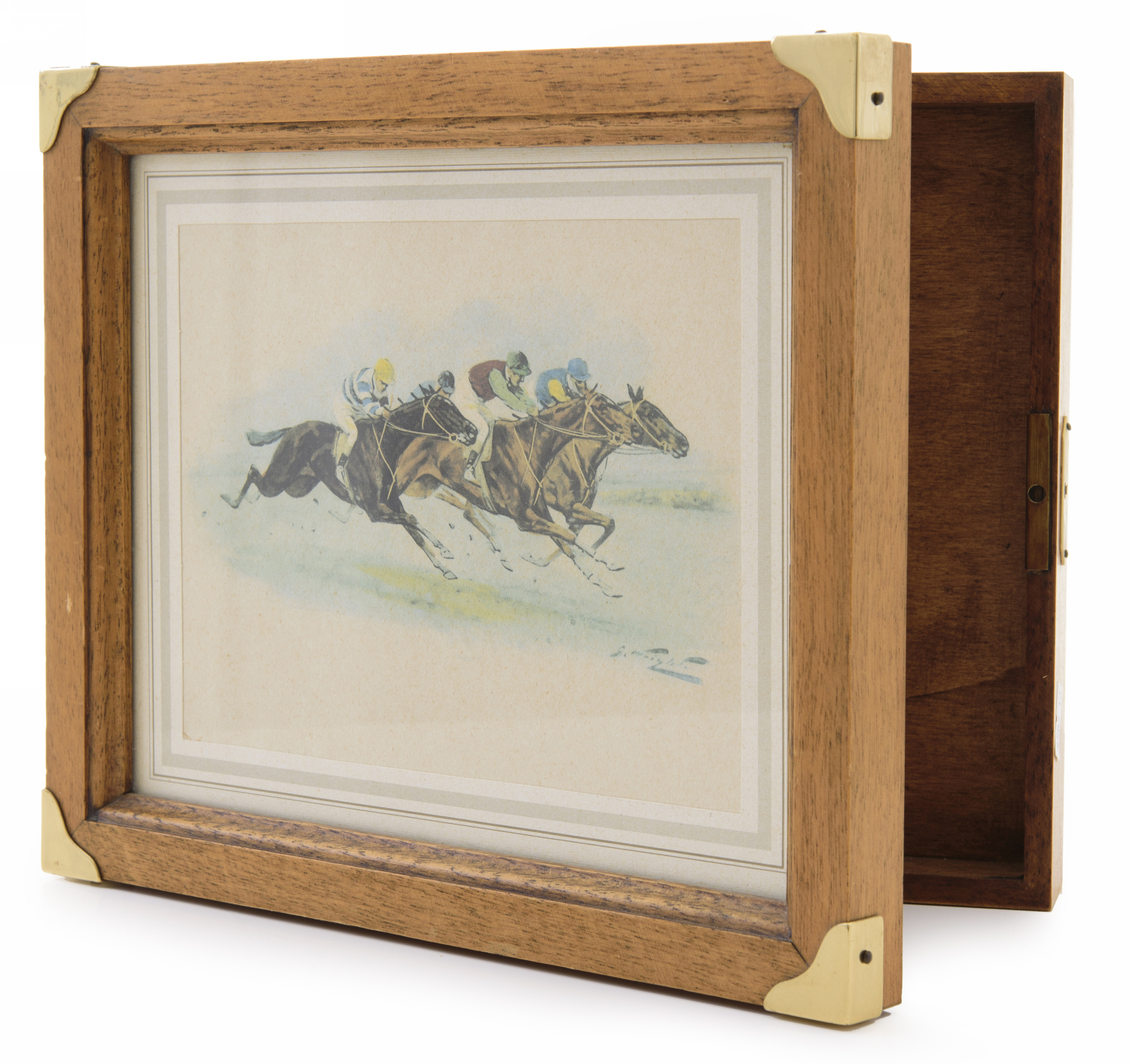 Appraisal: WOODEN KEY CASE WITH ARTIST RENDERING OF HORSES AND JOCKEYS