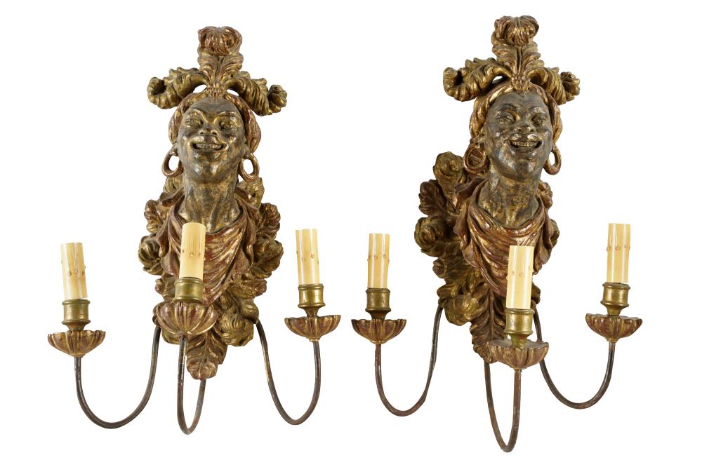 Appraisal: PAIR OF GILTWOOD BLACKAMOOR SCONCESwith three lights electrified inches wide