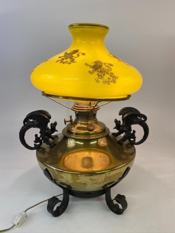 Appraisal: Bradley Hubbard brass oil lamp electrified with dragons and lion