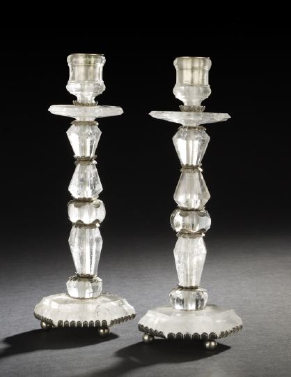 Appraisal: Pair of Italian-Style Silver Alloy-Mounted Rock Crystal Candlesticks in the