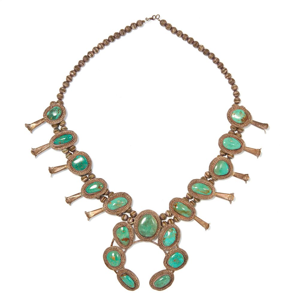 Appraisal: Navajo Turquoise Squash Blossom Necklace Navajo sterling silver and turquoise