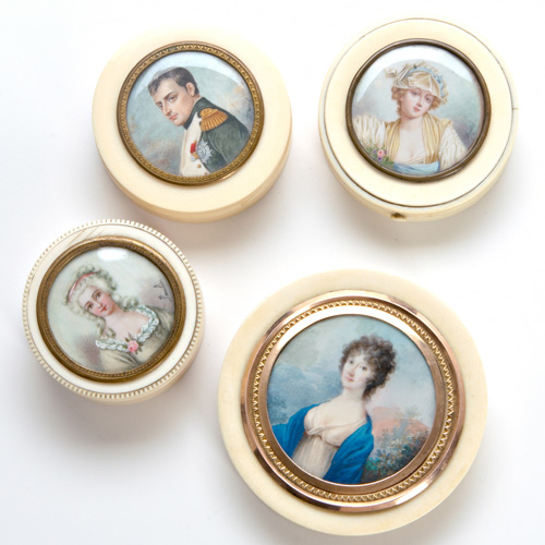 Appraisal: FRENCH MINIATURE PORTRAITS Four portraits painted on ivory and set