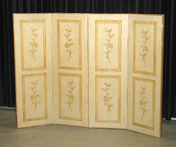 Appraisal: A painted canvas four panel folding screen th century height