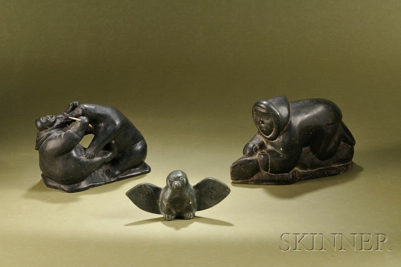 Appraisal: Three Inuit Soapstone Carvings th century a small spreadwing owl