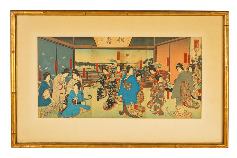 Appraisal: JAPANESE TRIPTYCH WOODBLOCK PRINTsigned lower left x inches sight Condition