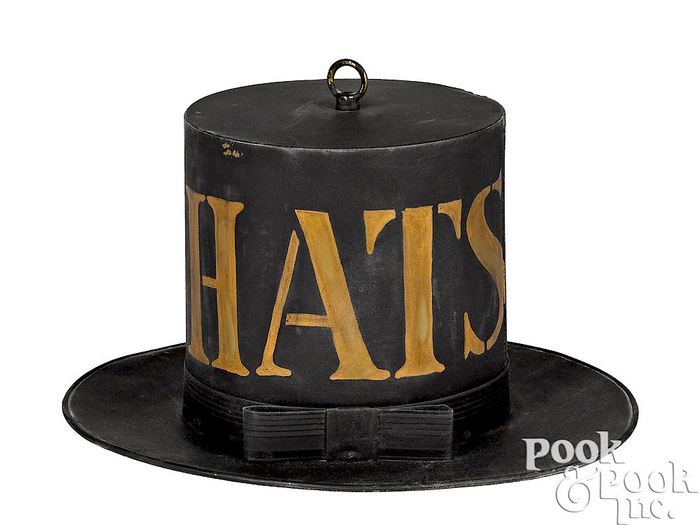 Appraisal: Contemporary painted tin hat trade sign Contemporary painted tin hat