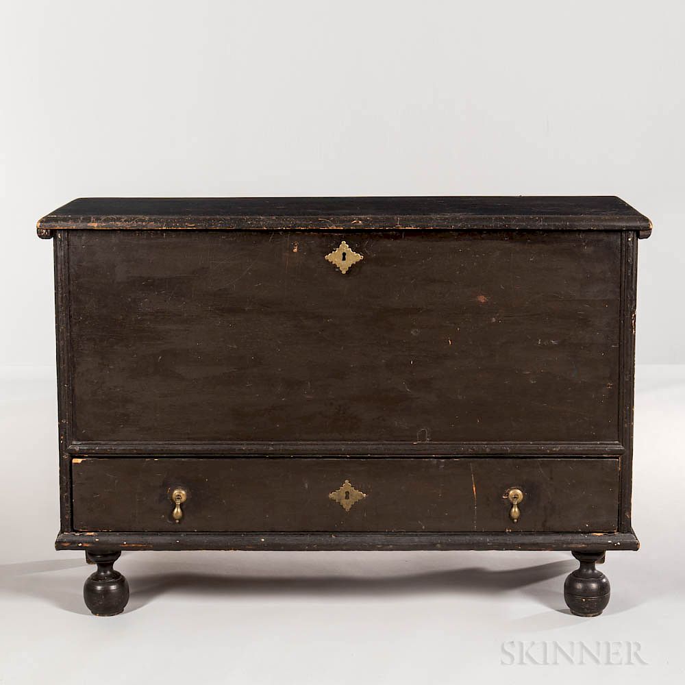 Appraisal: Black-painted Blanket Chest over Drawer Black-painted Blanket Chest over Drawer