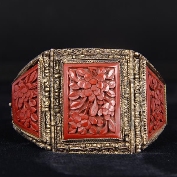 Appraisal: Victorian Sterling Silver Gilt Filigree Chinese Floral Cinnabar Bracelet widest