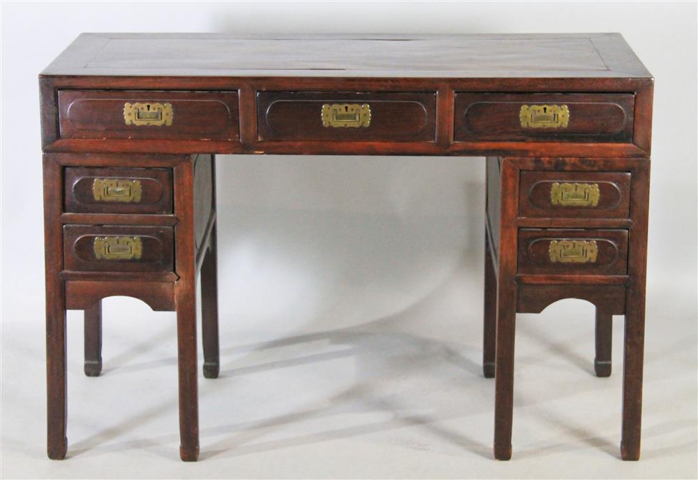 Appraisal: CHINESE HARDWOOD KNEEHOLE DESK WITH BRASS HARDWARE having a rectangular