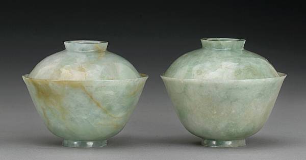 Appraisal: A pair of carved jadeite bowls and covers Each bowl